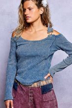 Vintage Washing Solid Buckle Open Shoulder Knit Thermal Top: PALE OLIVE