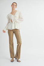 Ivory Sheer Textured V-Neck Blouse with Back Ribbon