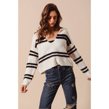 FUZZY HAIRY STRIPE DEEP U NECK SWEATER TOP: IVORY/BLACK / L