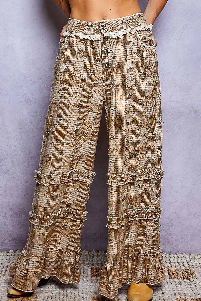 Camel Multi Vintage Distressed Plaid Ruffle Hem High Rise Wide Leg POL Pants