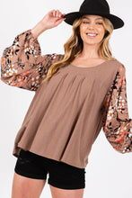 Brown Floral Contrast Solid Sage+Fig Top