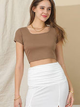 Khaki Short Sleeve Square Neck Slim Fit Casual Crop Top