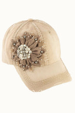 Rose Floral Bejeweled Bling Glitz Distressed Cap, Adjustable: