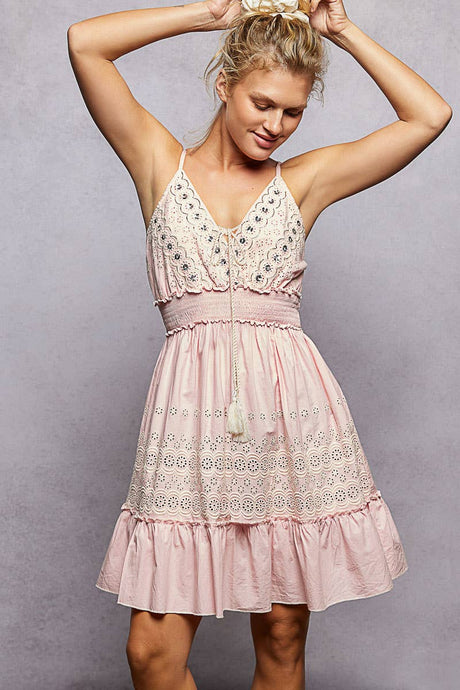 Pink V-Neck Sleeveless Cotton POL Dress with Eyelet Detail Smocked Waist