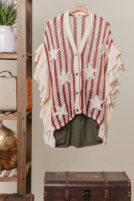 Red Star Patch Open-Knit Mello Top with Ruffle Detail