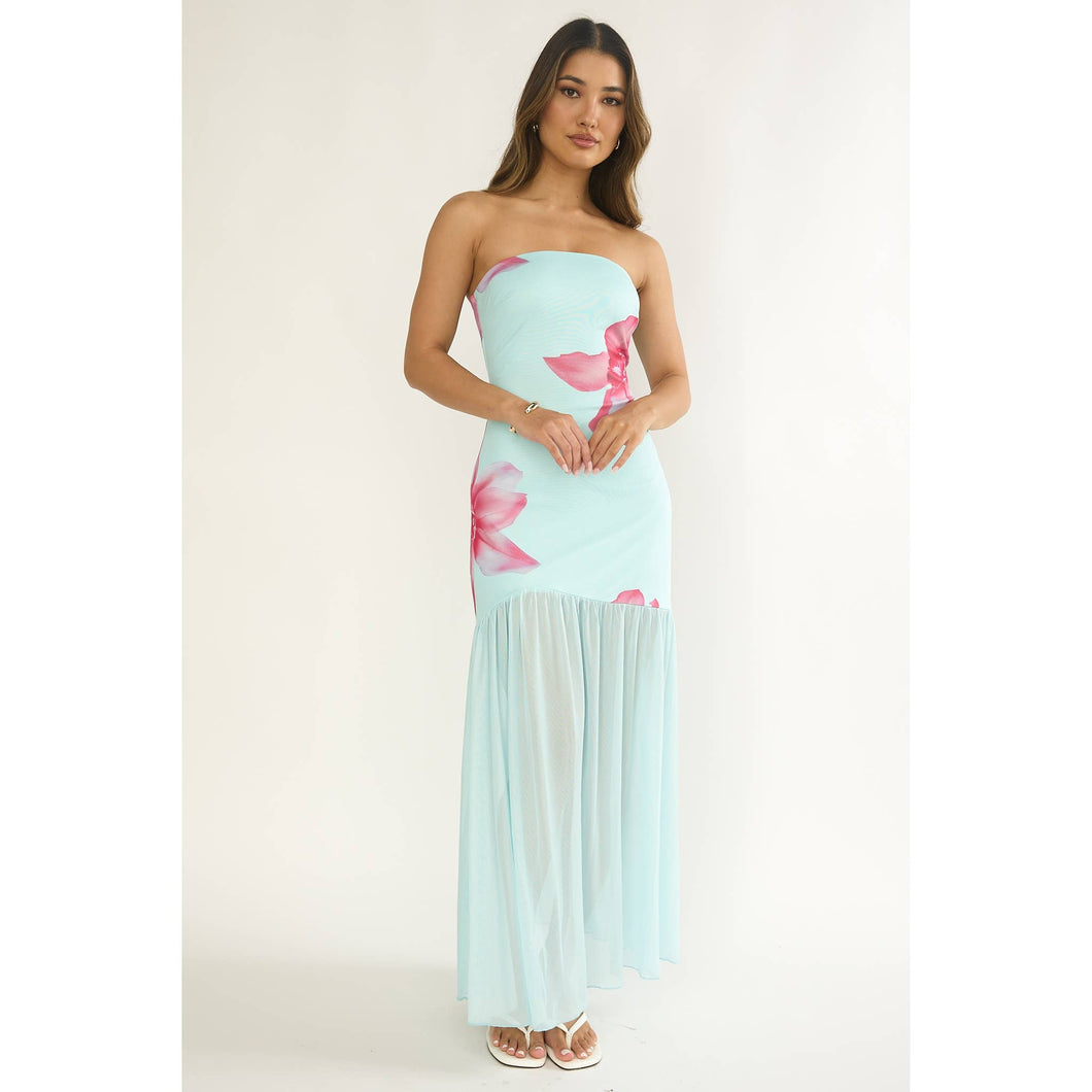 Blue Strapless Floral Open Back Maxi Dress