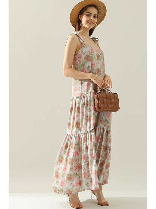 Mauve Floral Strap Tie Sleeveless Dress