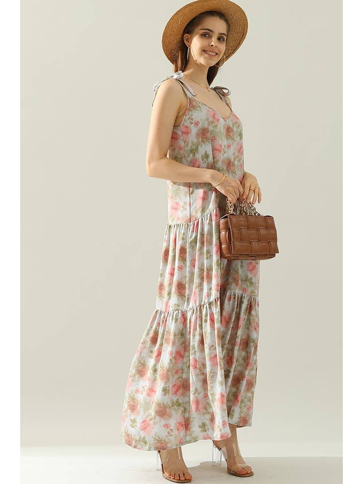 Mauve Floral Strap Tie Sleeveless Dress