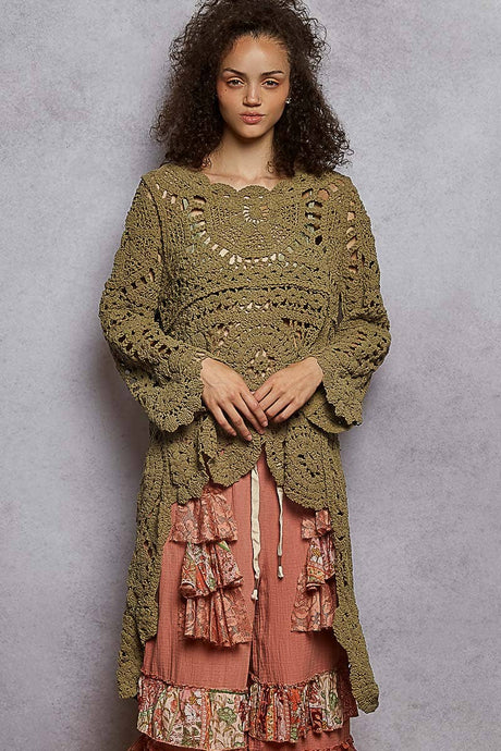 Olive Long sleeve round neck chenille varied crochet sweater POL top