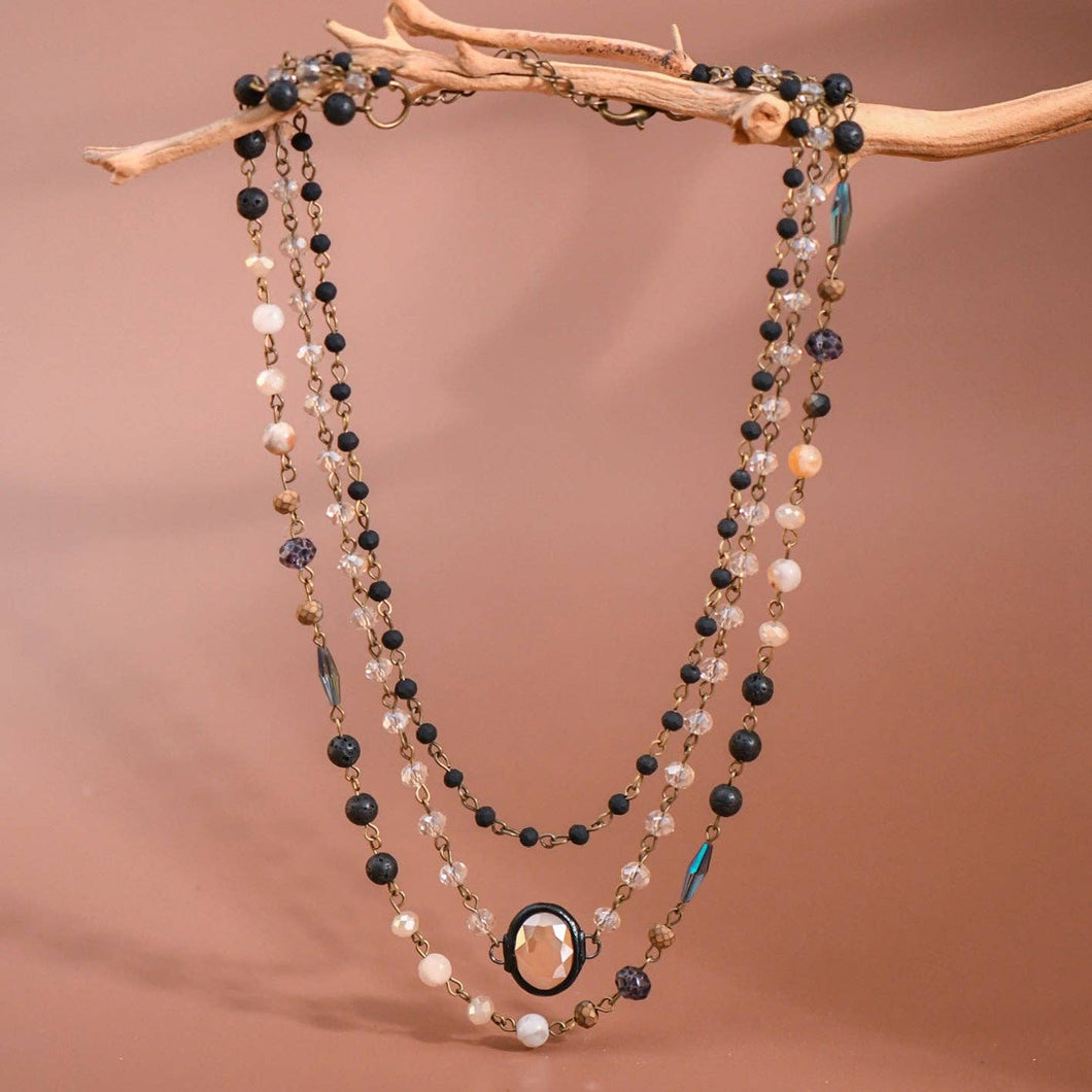 Triple Layered Mixed Glass Bead and Stone Necklace