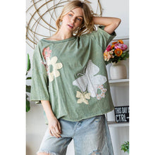 Green Washed Flower Butterfly Patchwork Short Sleeve Oli+Hali Top