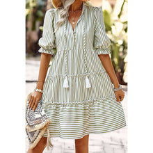 Green Stripe V Neck Button Puff Sleeves High Waist Dress
