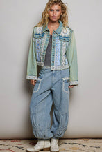 Cropped Pearl Studs Floral Patch Trim Denim Jacket: DENIM / M