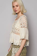 Natural Round neck short sleeve floral eyelet crochet POL top