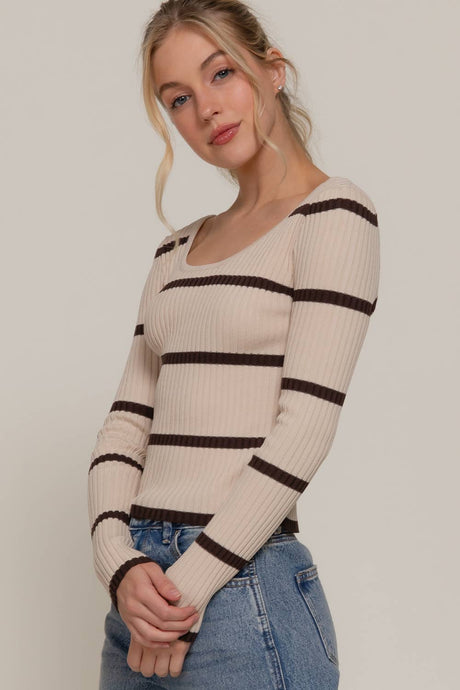 Beige Brown Long Sleeve Double Scoop Neck Stripe Sweater Top