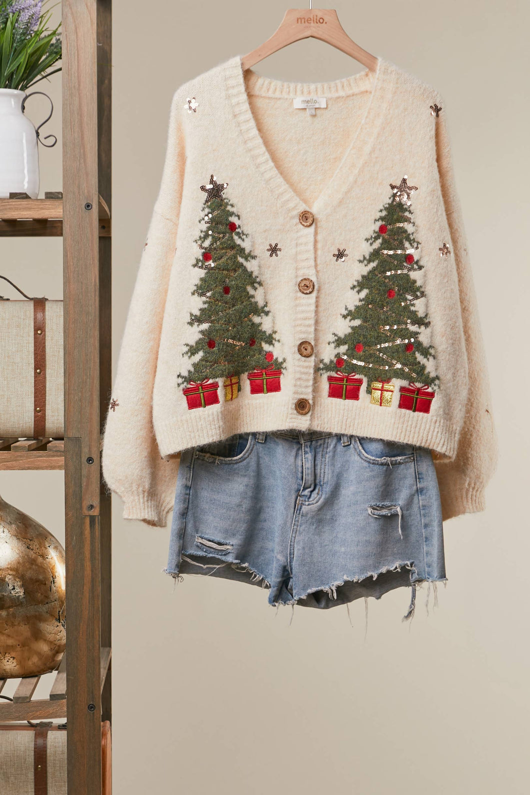 Ivory Christmas Tree Embroidered Soft Cardigan