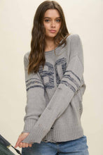 Oatmeal Distressed Long Sleeve Varsity Knit Top