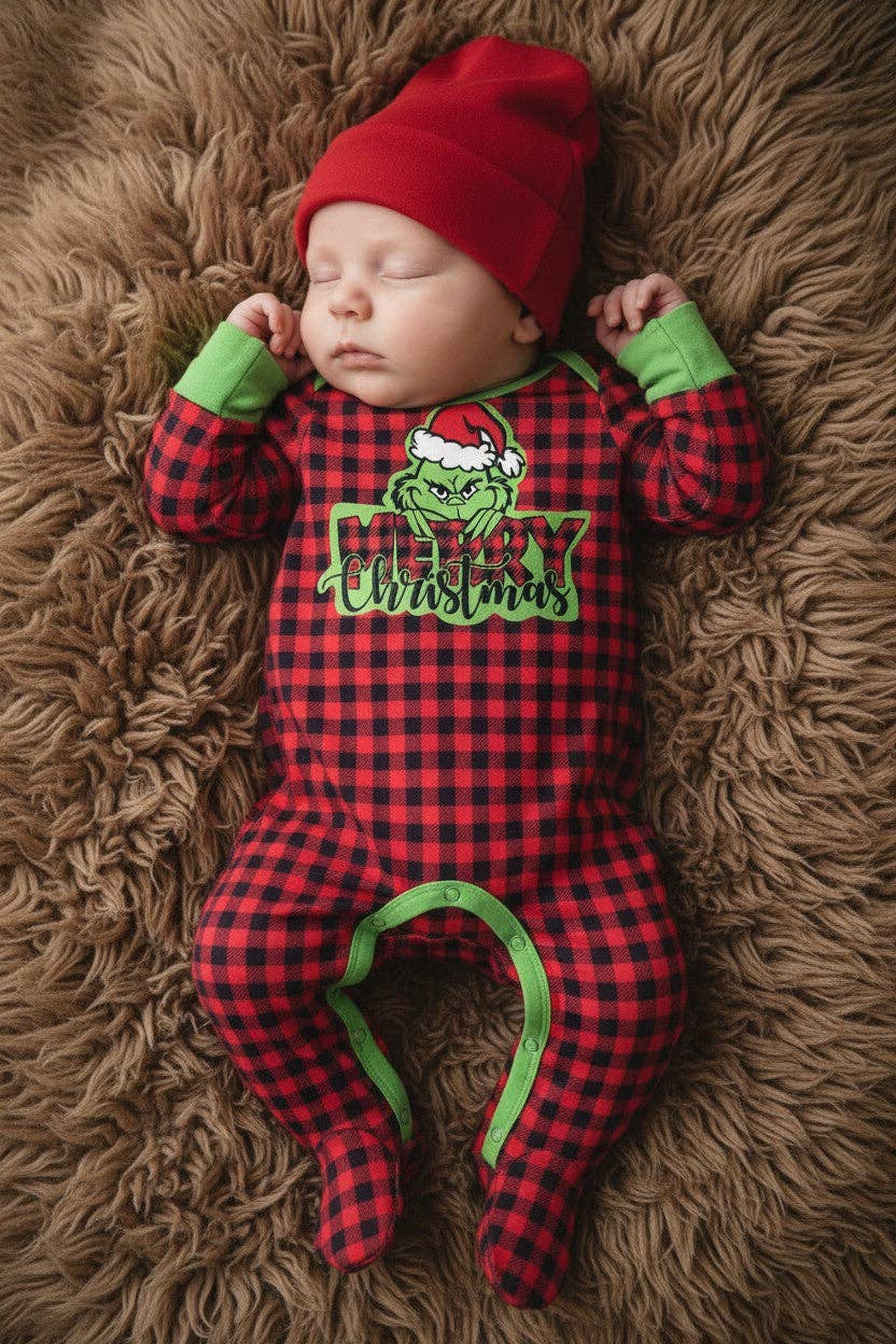 Plaid Christmas character printed boys baby bodysuit. RPG61442 MON: 3-6M