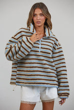Blue Brown Relaxed Sherpa Striped Half Zip Pullover