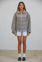 Blue Brown Relaxed Sherpa Striped Half Zip Pullover
