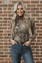 Smoke Grey Camo Mesh Mock Neck Long Sleeve Top