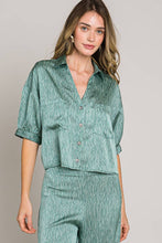 Green Short sleeve button down crop satin shirt