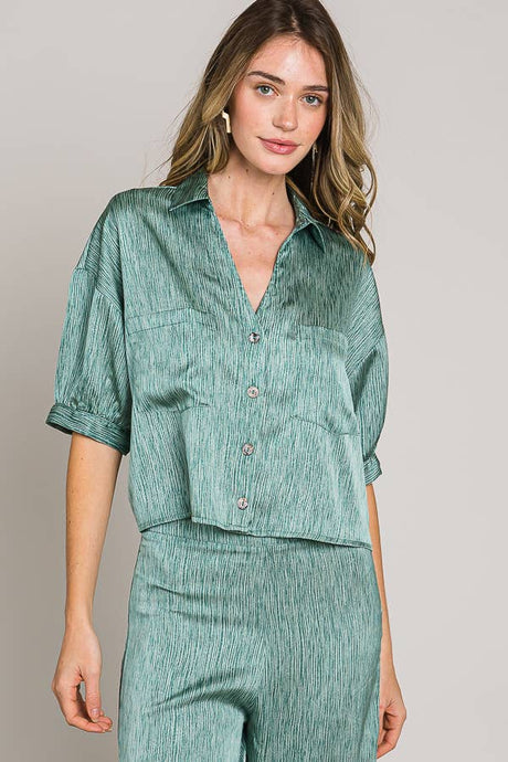 Green Short sleeve button down crop satin shirt