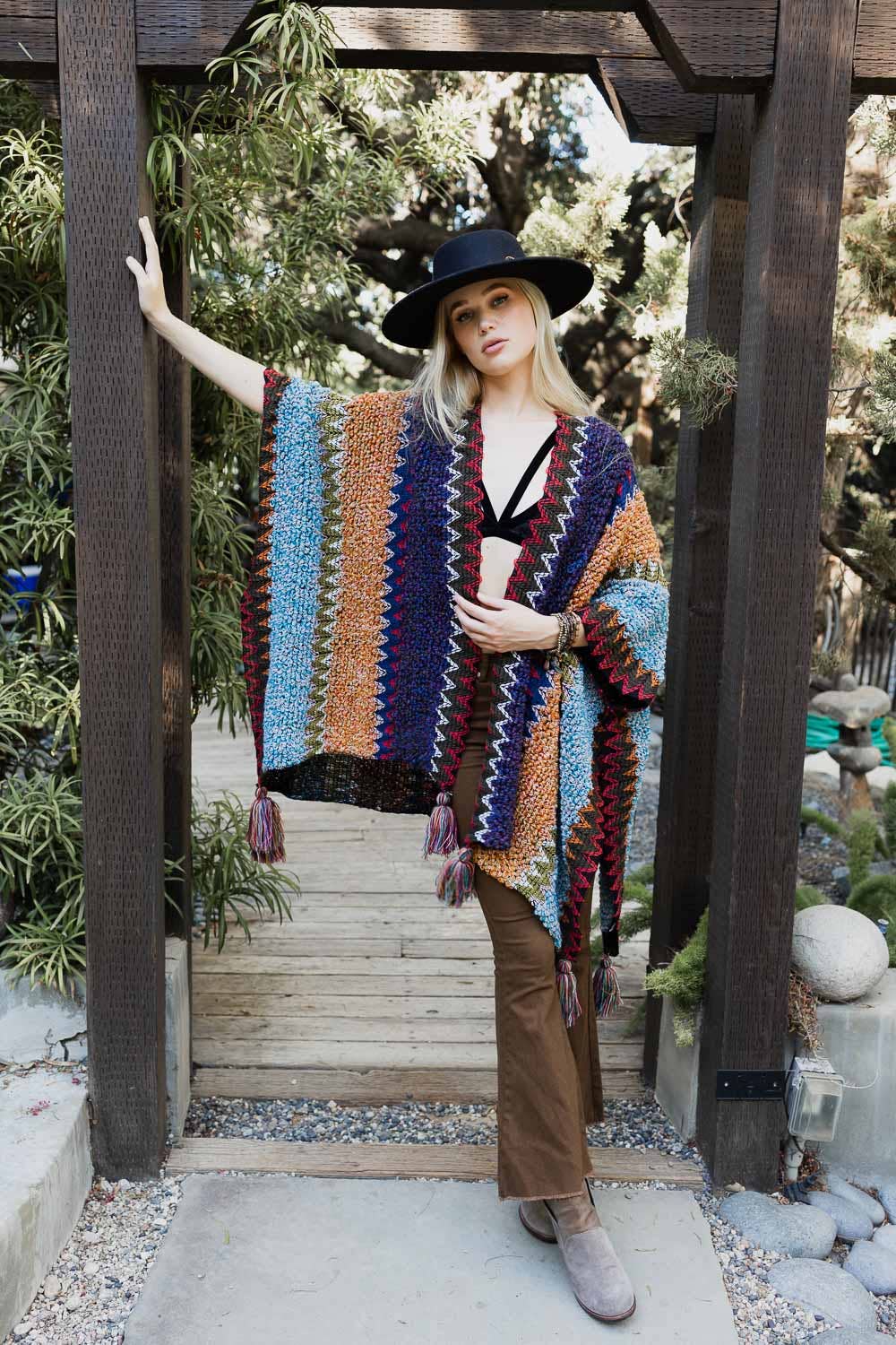 Indigo Unique Patterned Crochet Ruana – Colorful Tassel Cardigan