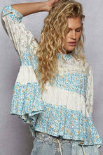 Ivory Blue Round neck short sleeve embroidered print POL top