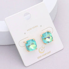 Gold Clear Cushion Square Stone Stud Evening Earrings: