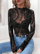 Black Paisley Velvet Print Mesh Top
