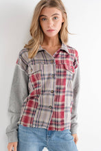 Grey Mix Plaid Front Pocket French Terry Shirt Jacket:
