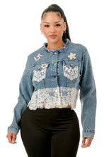 Blue Lace & Pearl Embellished Cropped Denim Jacket
