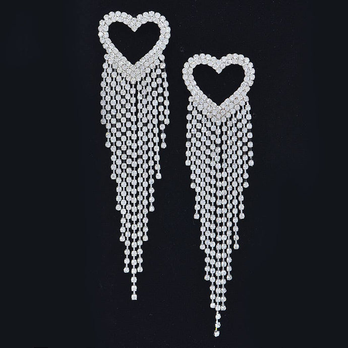 Silver Rhinestone Heart Fringe Earring