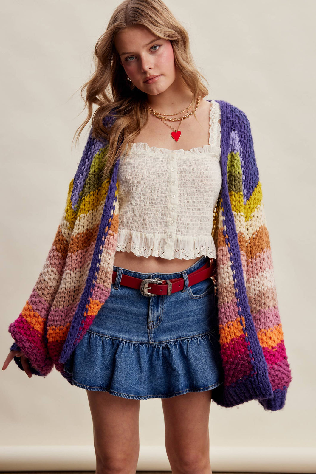 Rainbow Hand-Crochet Open Cardigan