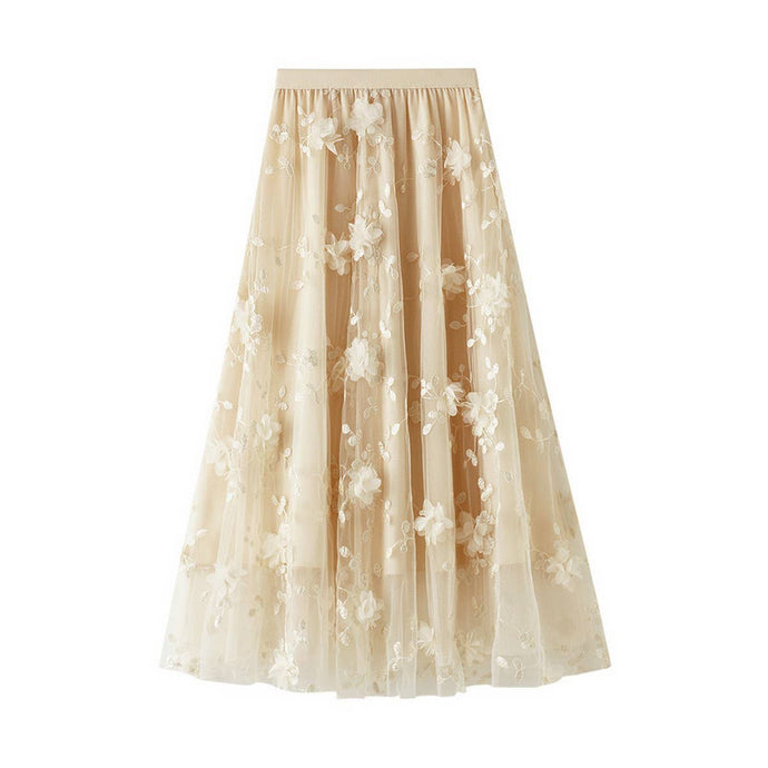 Apricot Embroidered Tulle A-Line Maxi Skirt