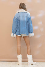 Fur Collared Cuff Over sized Washed Denim Jacket