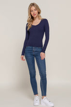 Navy Long Sleeve Scoop Neck with Lace Trim Rib Knit Top