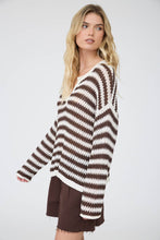 STRIPE RAW EDGE SPLIT NECK SHEER KNIT SWEATER : LIGHT BLUE