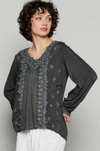 Black Long sleeve contrast floral lace crochet detail v-neck POL top