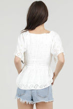 White Eyelet Embroidered V Neck Smocked Bust Blouse
