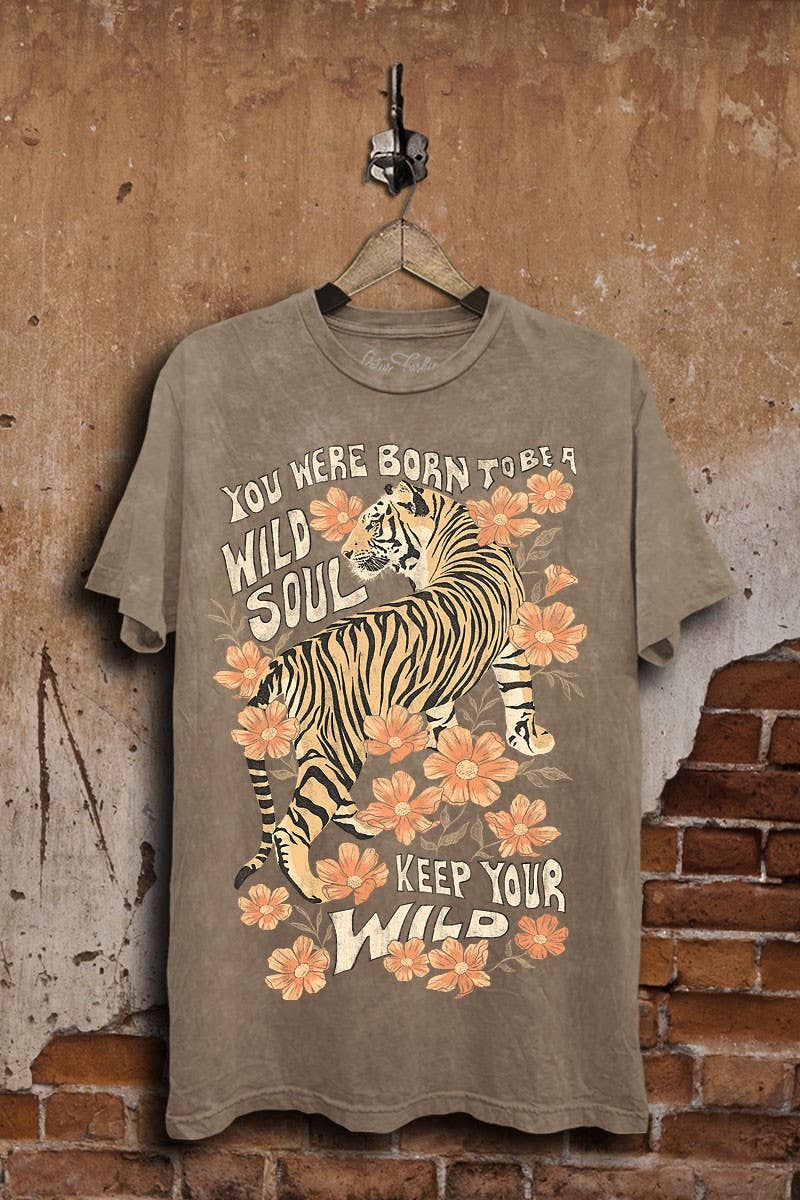 Mocha Mineral Wash Wild Soul Tiger Graphic Top