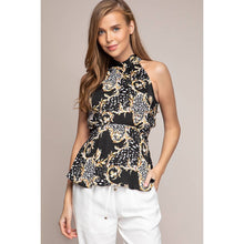Black Haltered Neck Ruched Peplum Printed Top