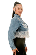 Blue Lace & Pearl Embellished Cropped Denim Jacket
