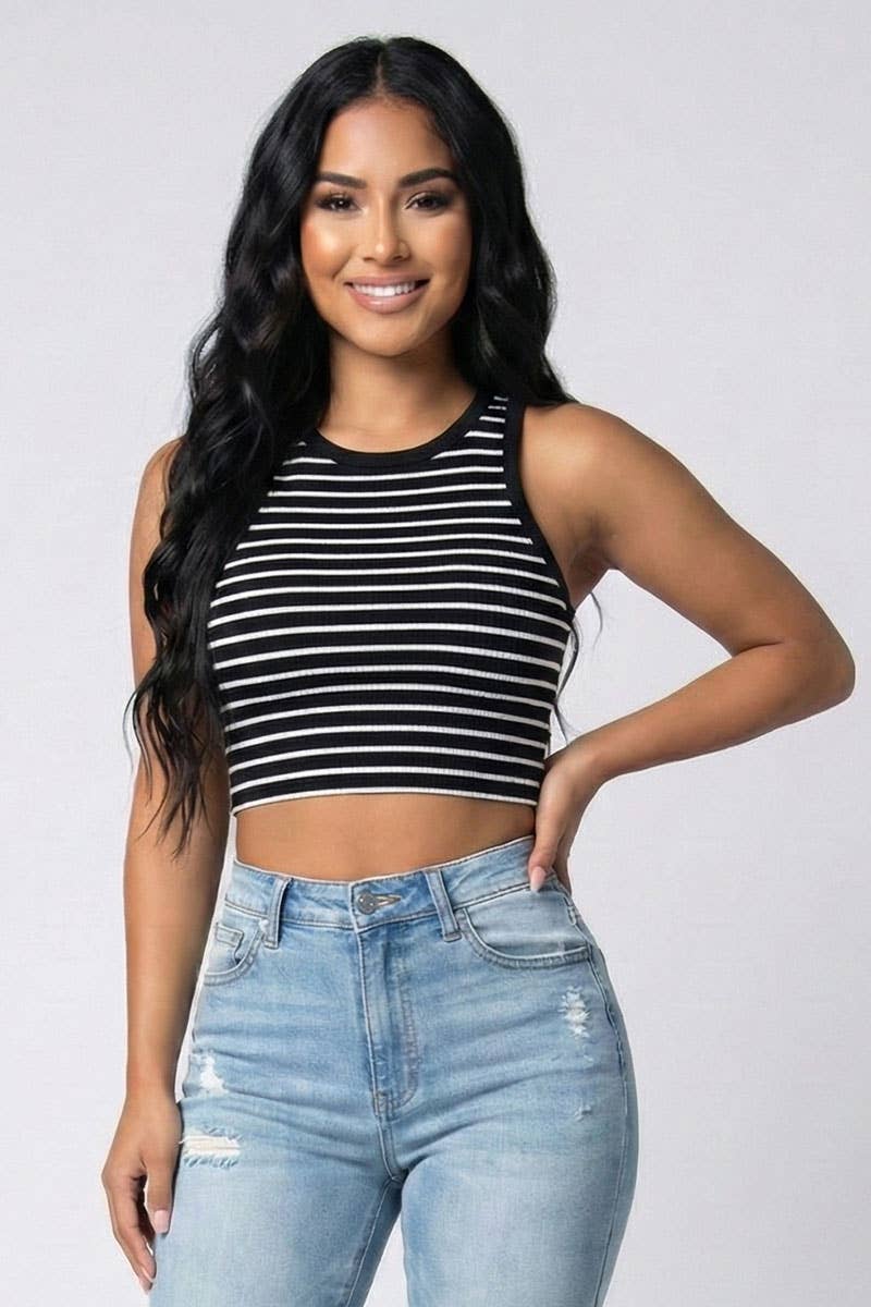 Black White Ribbed Striped Racerback Crop Tank Top