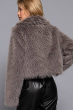 Grey Long Sleeve Notched Collar Faux Fur Cropped Jacket