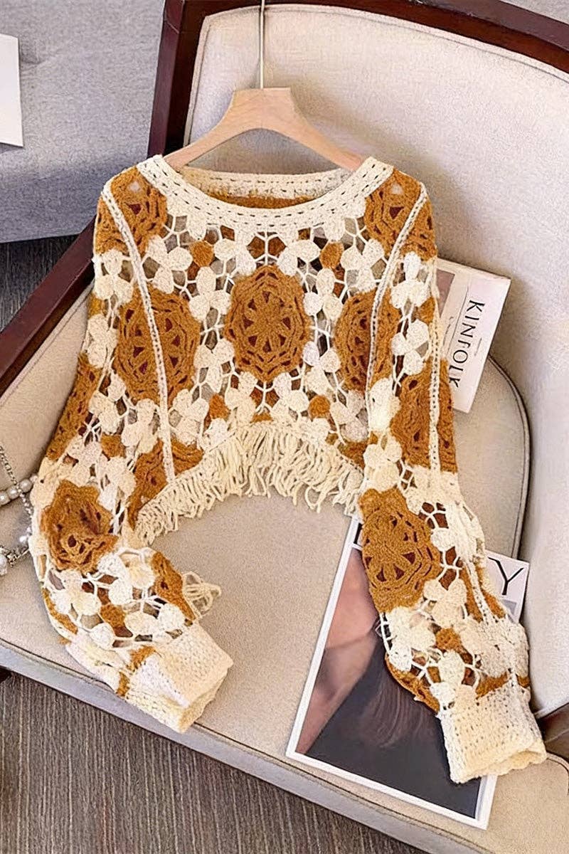 Brown Elegant Fringe Crochet Knit Top