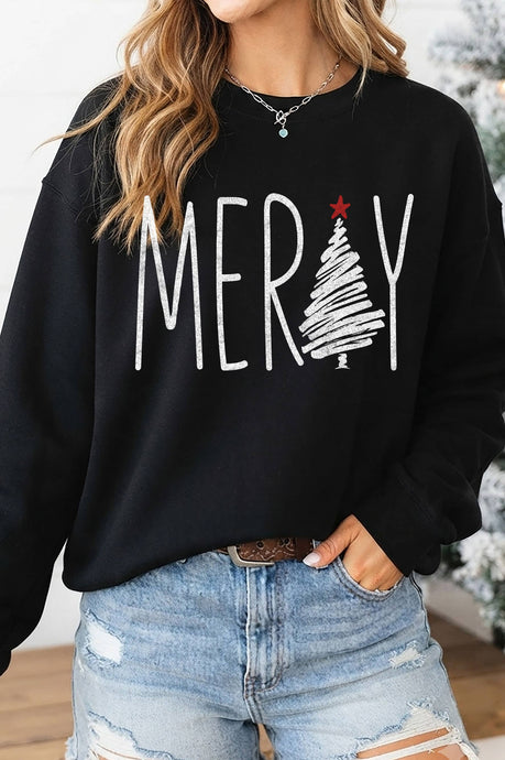 Black Merry Christmas Tree Graphic Brushed Sweatshirt