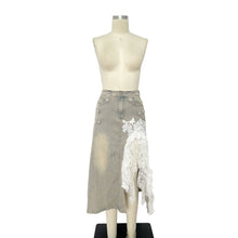 Vintage Blue Denim Skirt with Lace Ruffle Applique