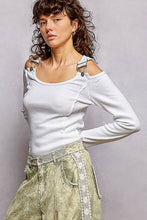 Vintage Washing Solid Buckle Open Shoulder Knit Thermal Top: PALE OLIVE